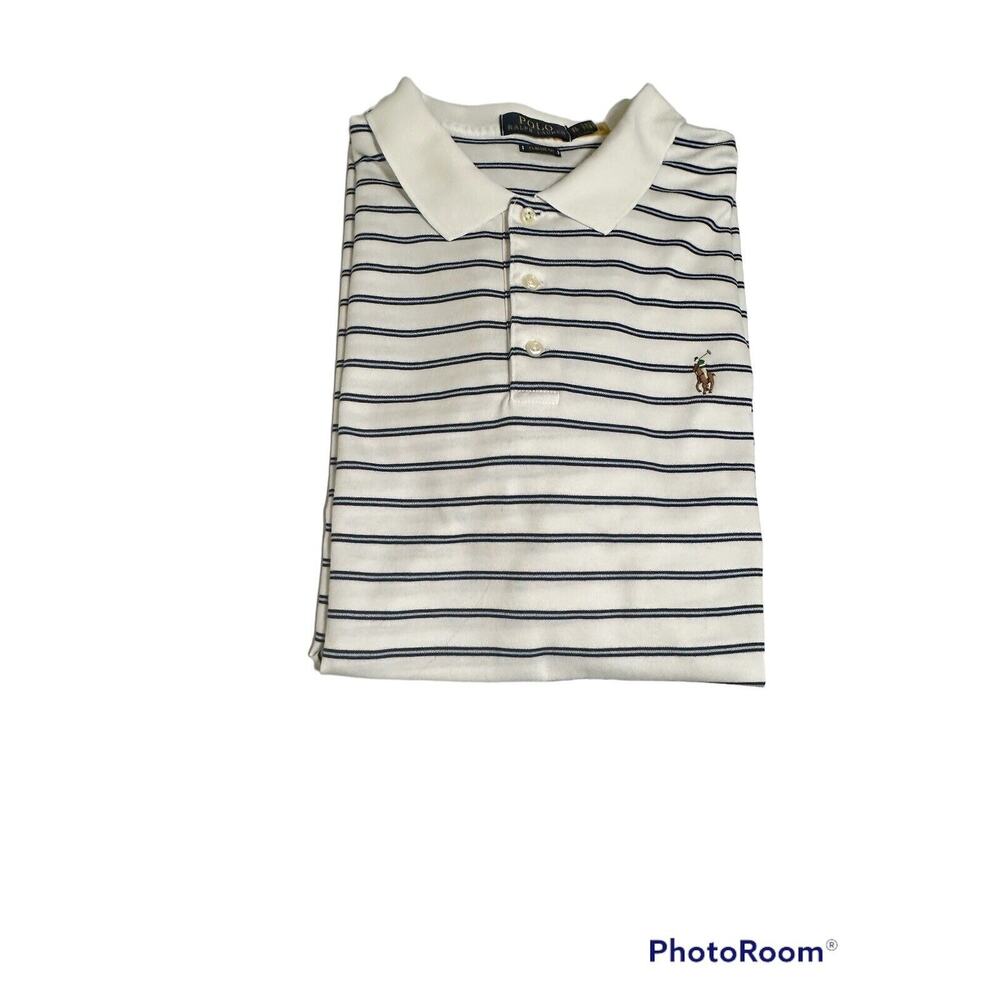 Ralph Lauren Polo Shirt Mens XL Ex Large White Blue Stripe Pony Casual Classic